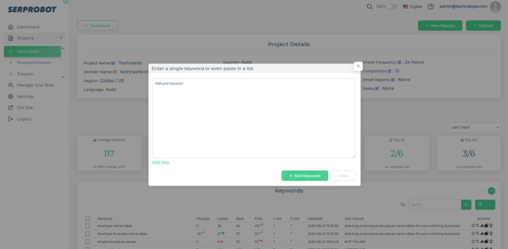 SERPROBOT Add new keyword